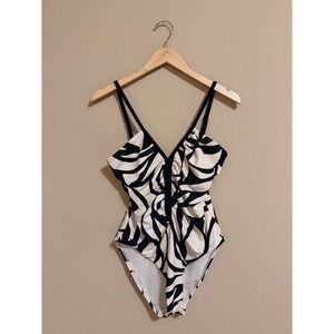 Sanctuary Womens Ruched One‎ Piece Swimsuit Black White Medium